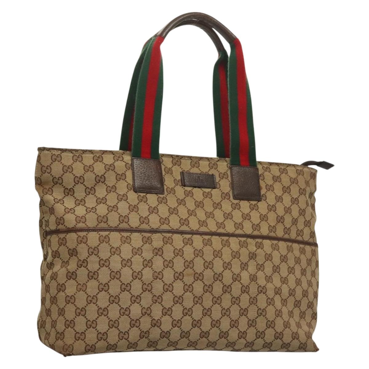 GUCCI GG Canvas Web Sherry Line Tote Bag Beige Silver 155524 Auth 131927