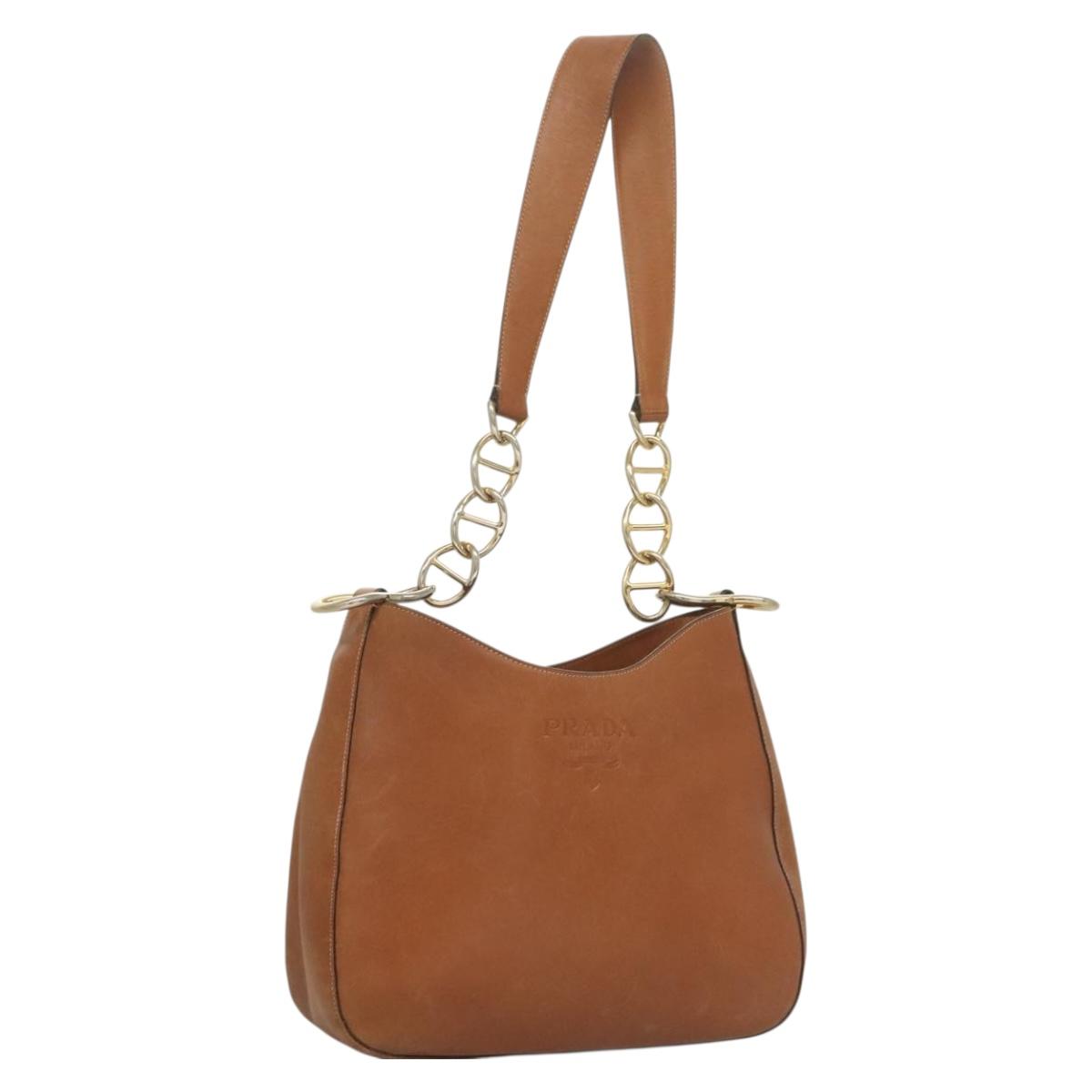 PRADA Chain Shoulder Bag Leather Brown Gold Auth 131928
