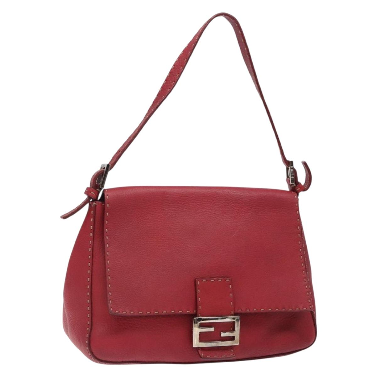 FENDI Selleria Mamma Baguette Shoulder Bag Leather Red Silver Auth 131985