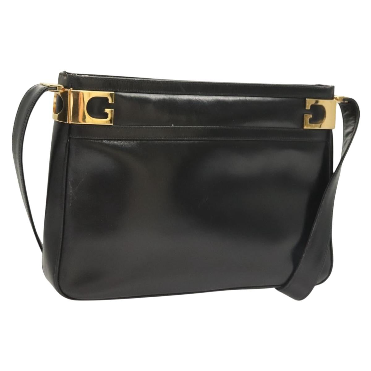GUCCI Shoulder Bag Leather Black Gold Auth 131998