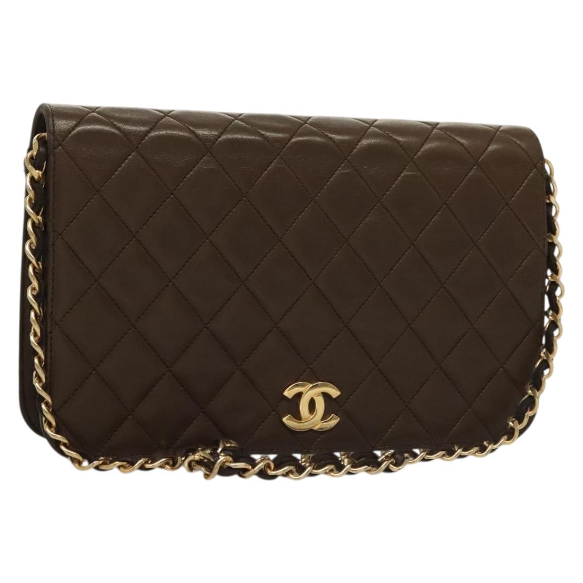 CHANEL Matelasse Chain Shoulder Bag Lamb Skin Brown Gold CC Auth 132007