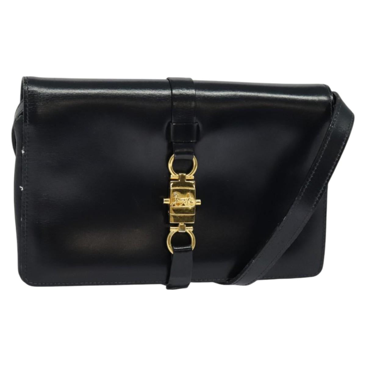CELINE Shoulder Bag Leather Navy Gold Auth 132033