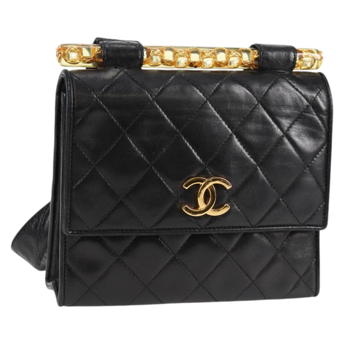 CHANEL Matelasse Shoulder Bag Lamb Skin Black Gold CC Auth 132061V