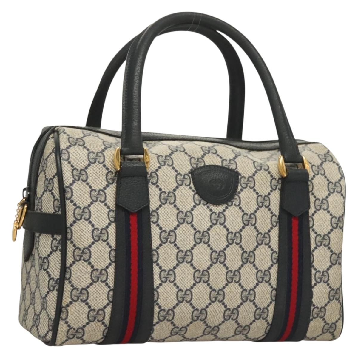 GUCCI GG Supreme Sherry Line Hand Bag PVC Navy Gold Red Auth 132074