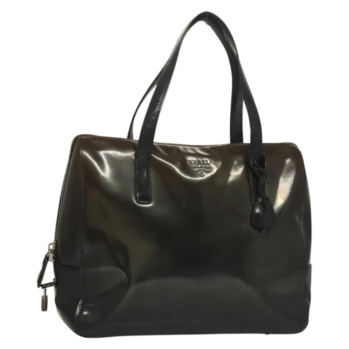 PRADA Hand Bag Patent leather Black Silver Auth 132075