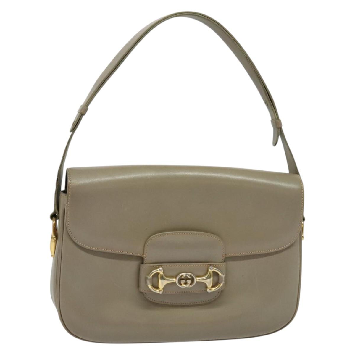 GUCCI Horsebit Shoulder Bag Leather Beige Gold Auth 132082