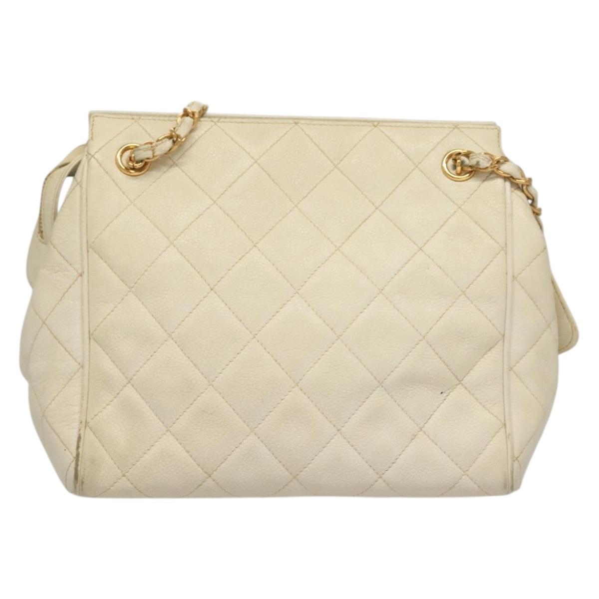 CHANEL Matelasse Chain Shoulder Bag Caviar Skin White Gold CC Auth 132097