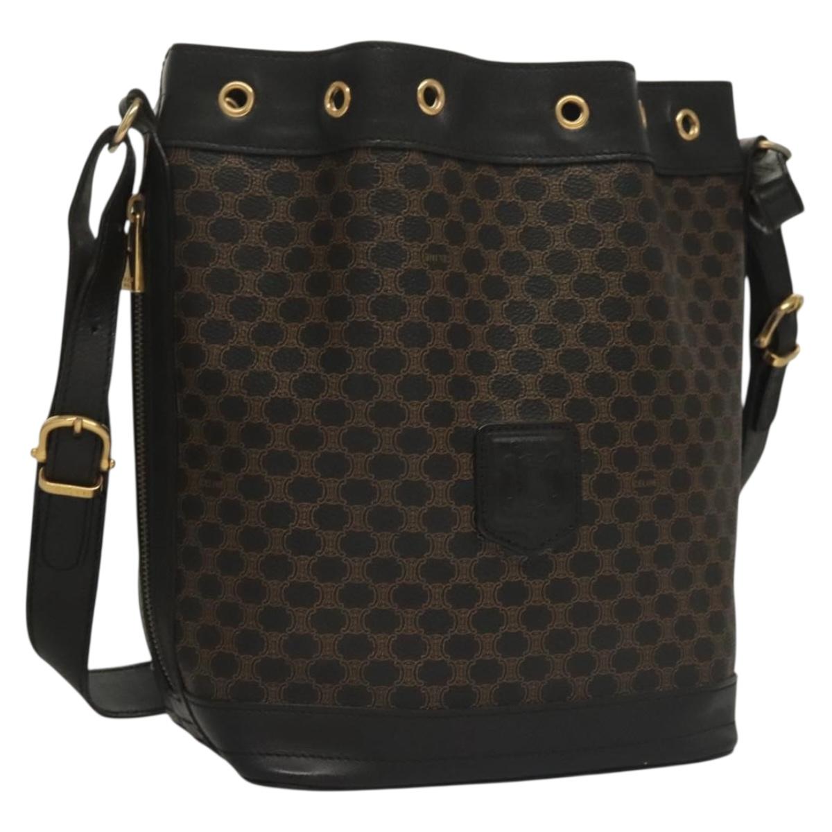 CELINE Macadam Canvas Shoulder Bag PVC Leather Black Gold Auth 132128