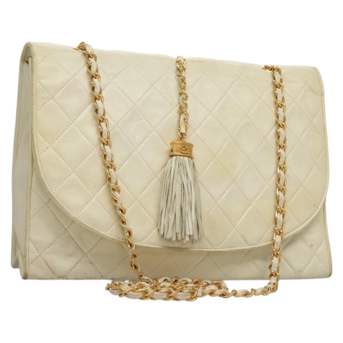CHANEL Matelasse Chain Shoulder Bag Lamb Skin White Gold CC Auth 132172
