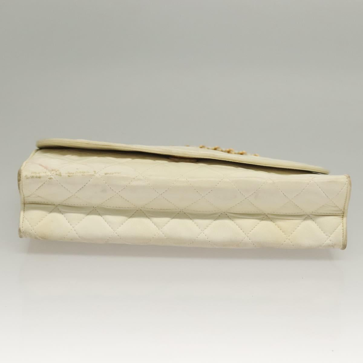 CHANEL Matelasse Chain Shoulder Bag Lamb Skin White Gold CC Auth 132172