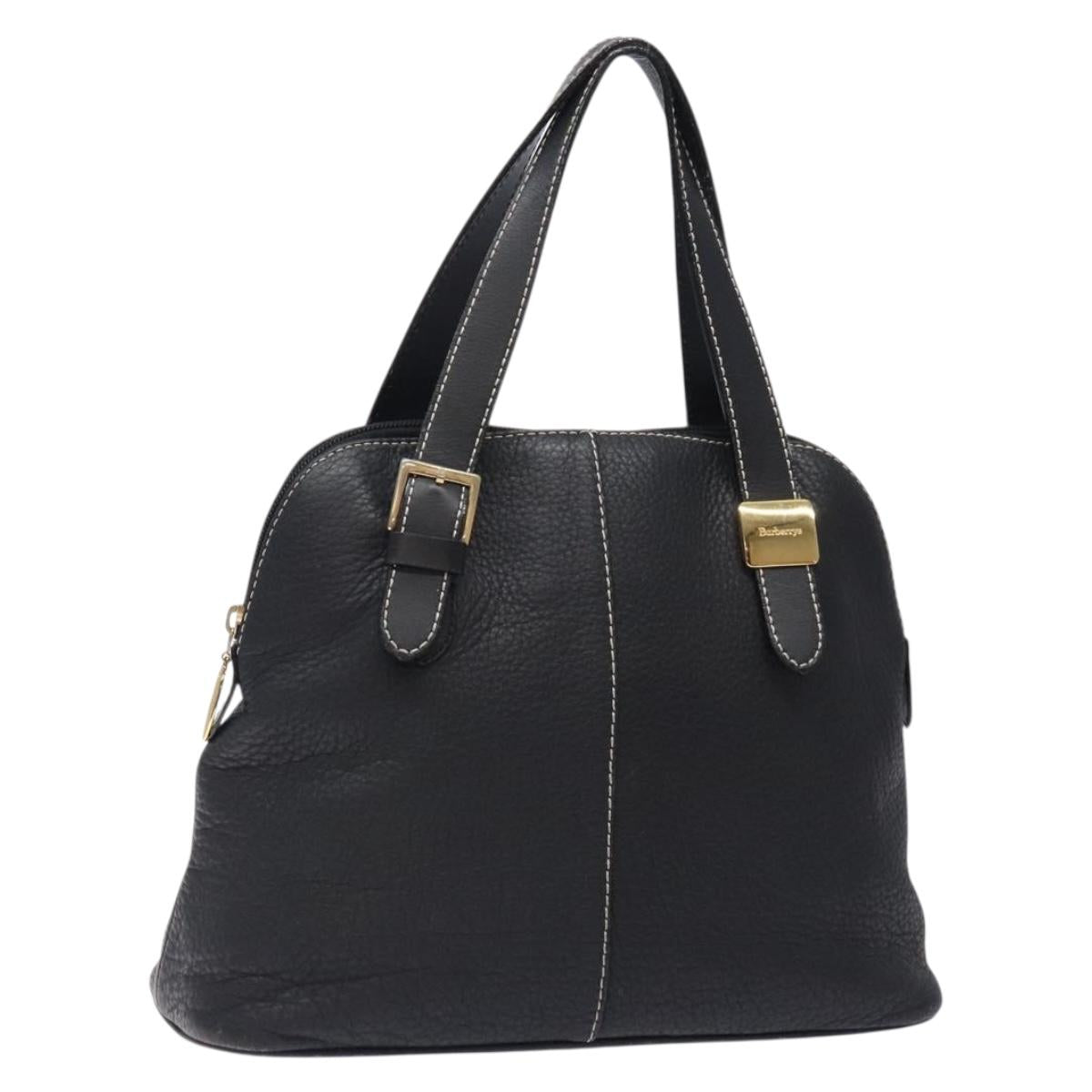 Burberrys Hand Bag Leather Black Gold Auth 132174