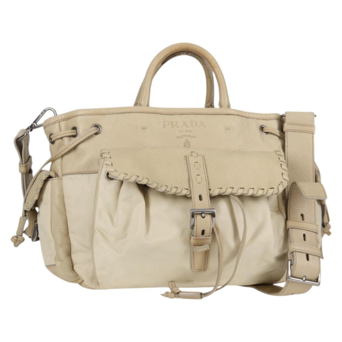 PRADA Hand Bag Leather 2way Beige Silver Auth 132222