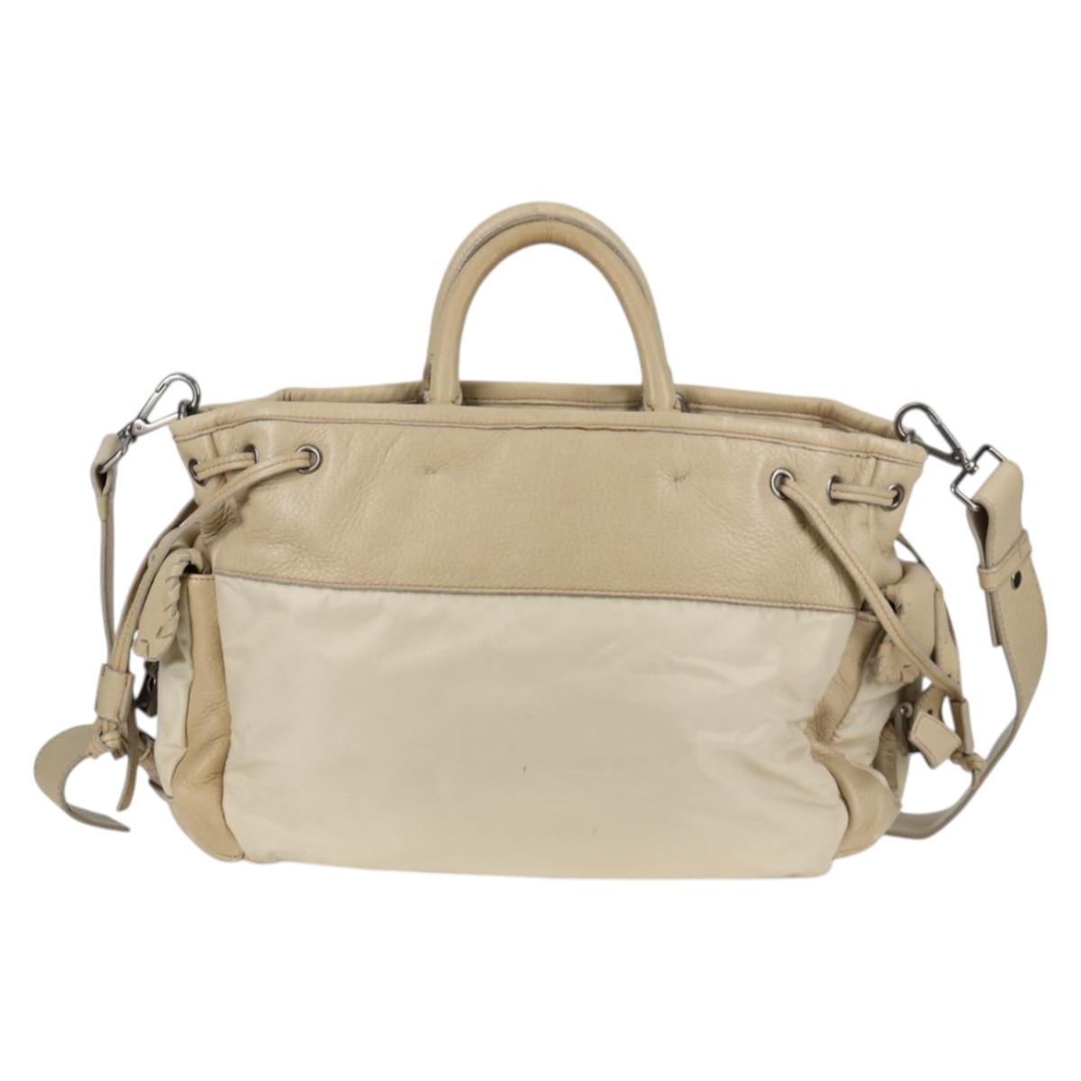 PRADA Hand Bag Leather 2way Beige Silver Auth 132222