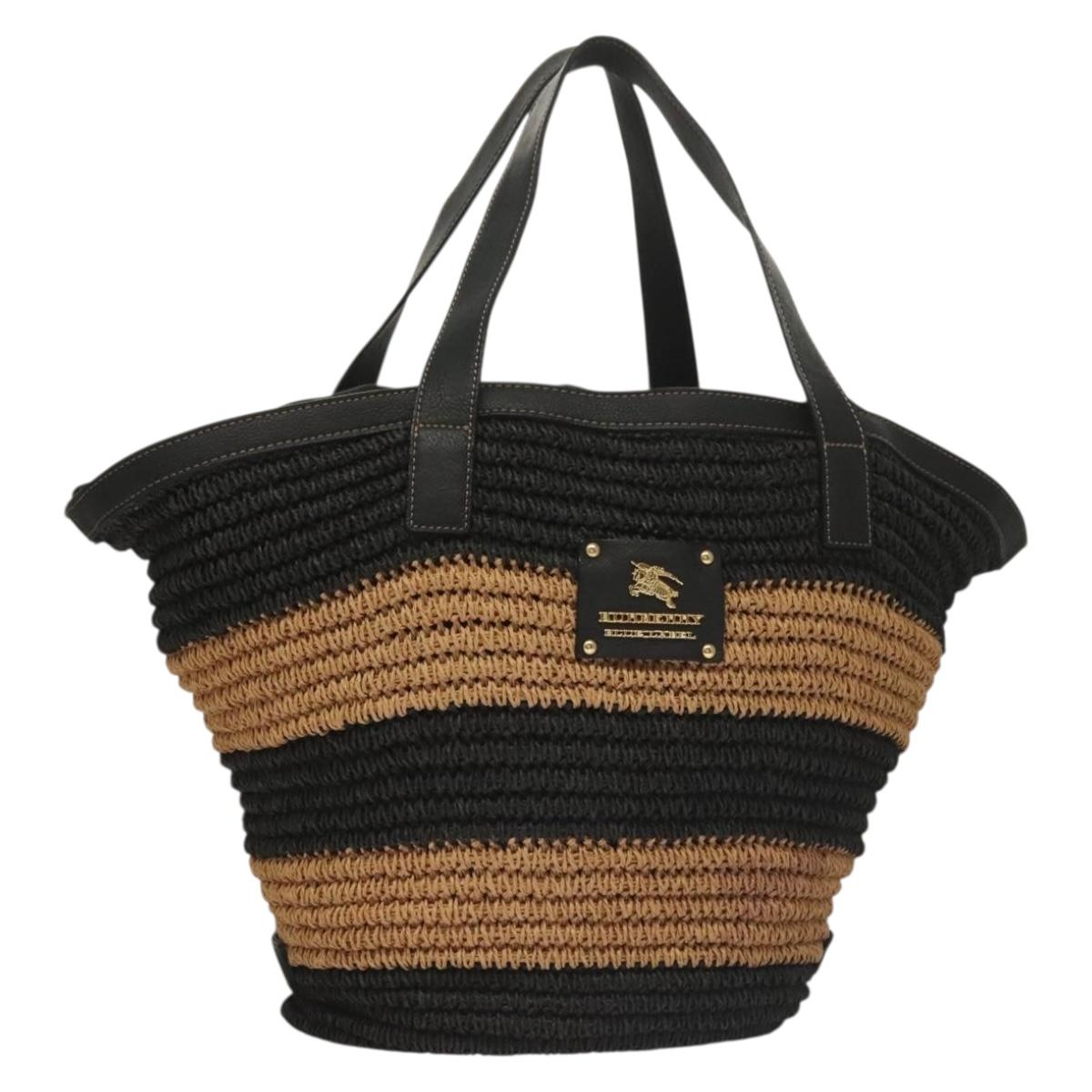 BURBERRY Blue Label Tote Bag Straw Gold Black Auth 132307
