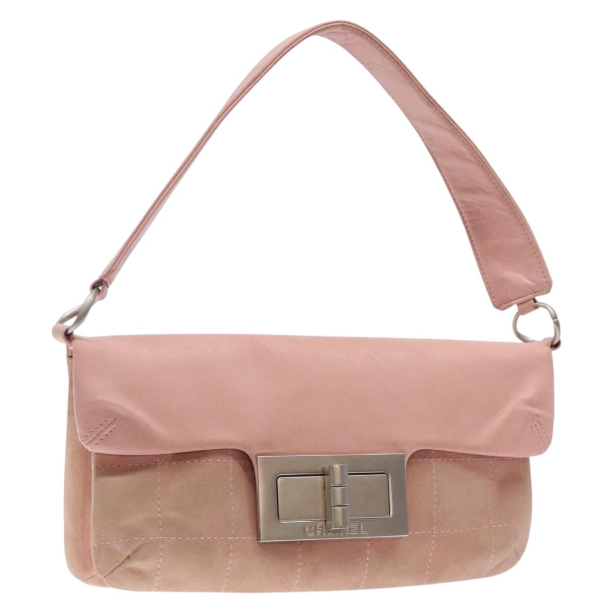 CHANEL Choco Bar Shoulder Bag Suede Pink Silver CC Auth 132385