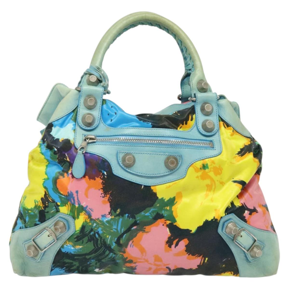 BALENCIAGA The Giant Brief Hand Bag Nylon Light Blue Silver Auth 132399