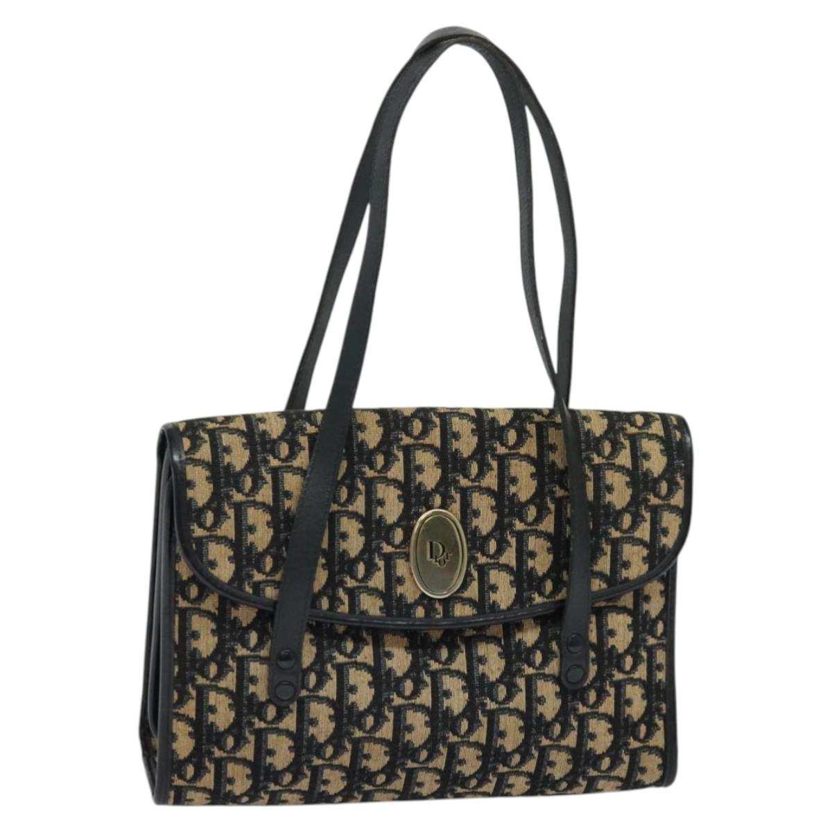 Christian Dior Trotter Canvas Hand Bag Navy Gold Auth 132402