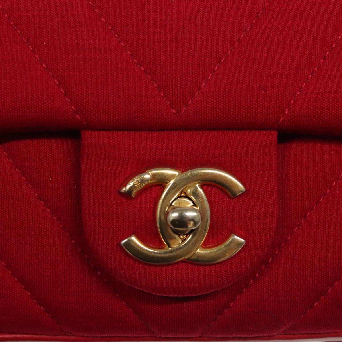 CHANEL Chain V Stitch Shoulder Bag Cotton Red Gold CC Auth 132418M