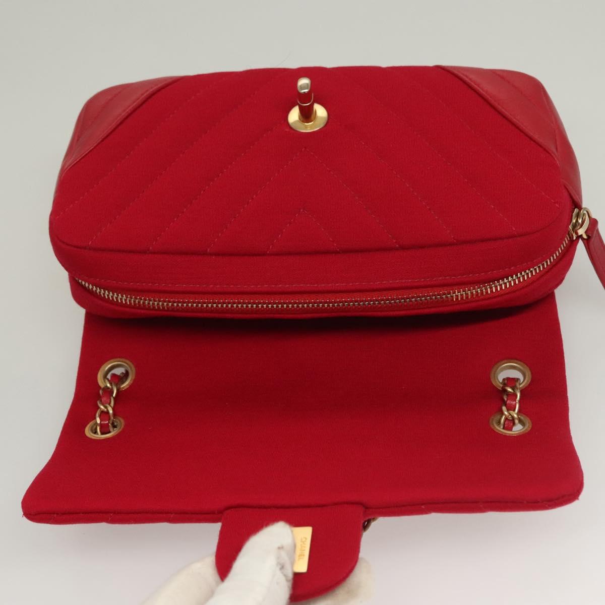 CHANEL Chain V Stitch Shoulder Bag Cotton Red Gold CC Auth 132418M