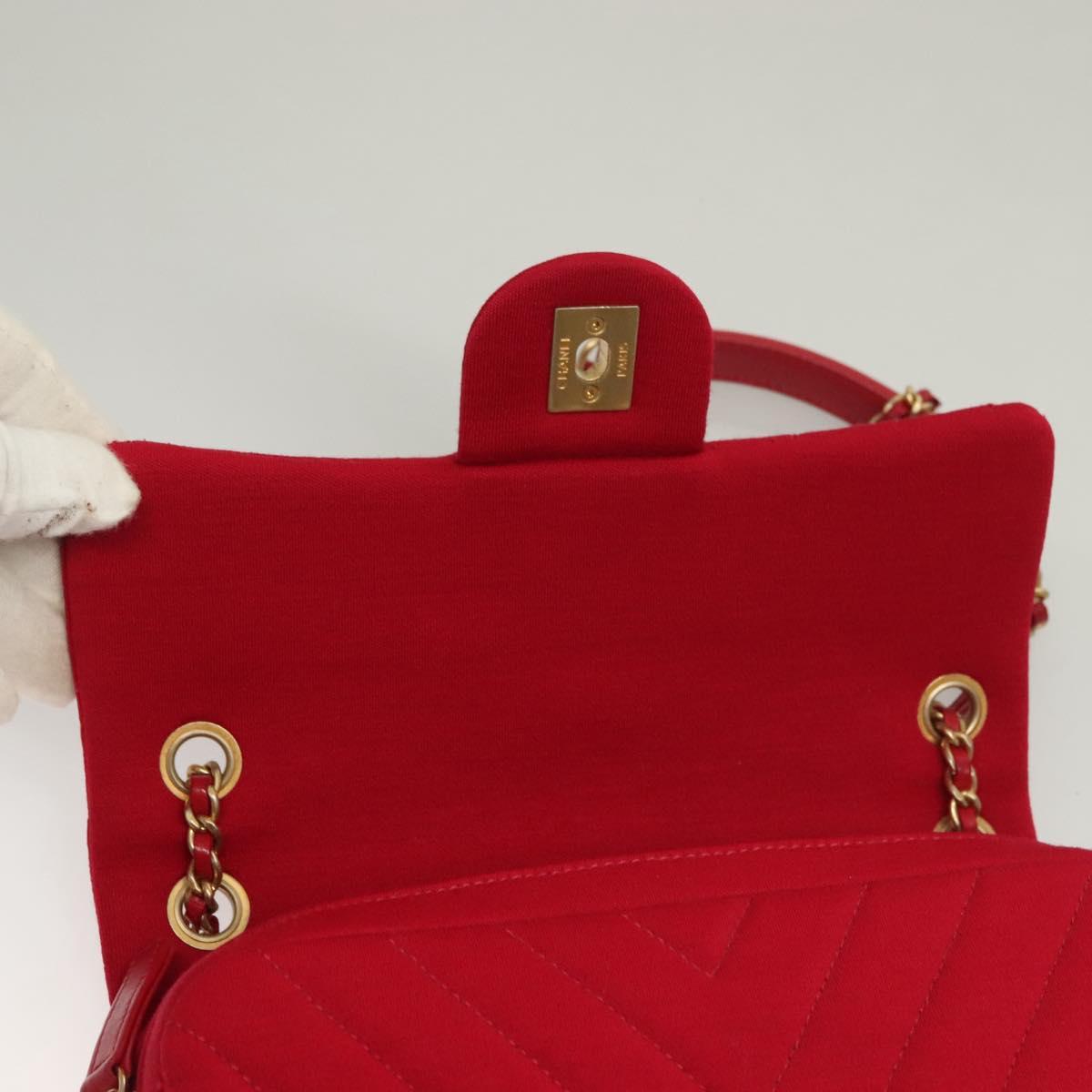 CHANEL Chain V Stitch Shoulder Bag Cotton Red Gold CC Auth 132418M