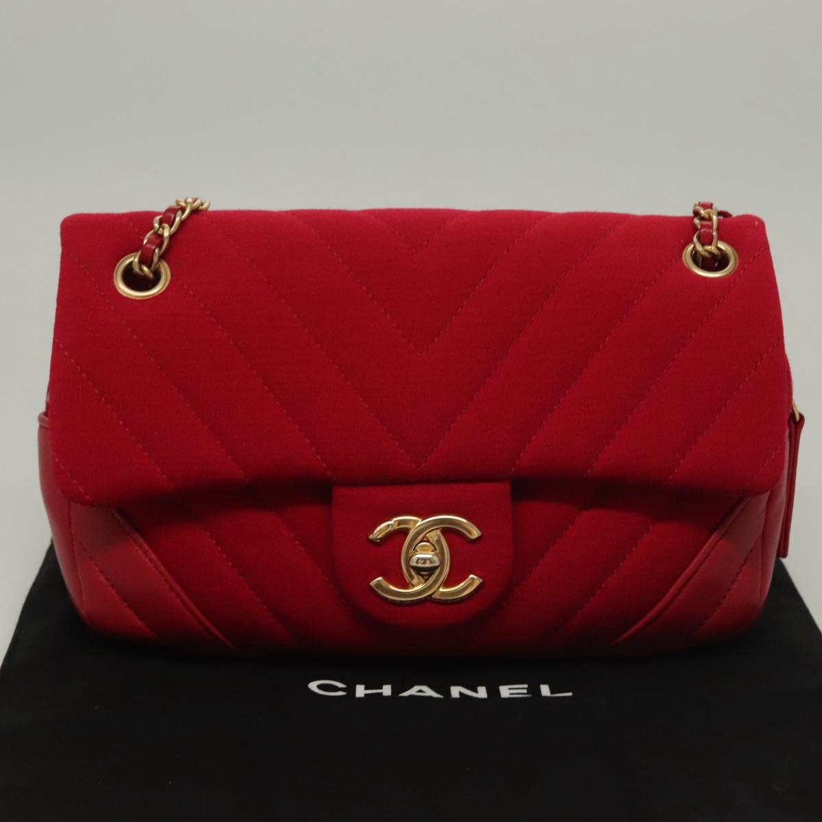 CHANEL Chain V Stitch Shoulder Bag Cotton Red Gold CC Auth 132418M