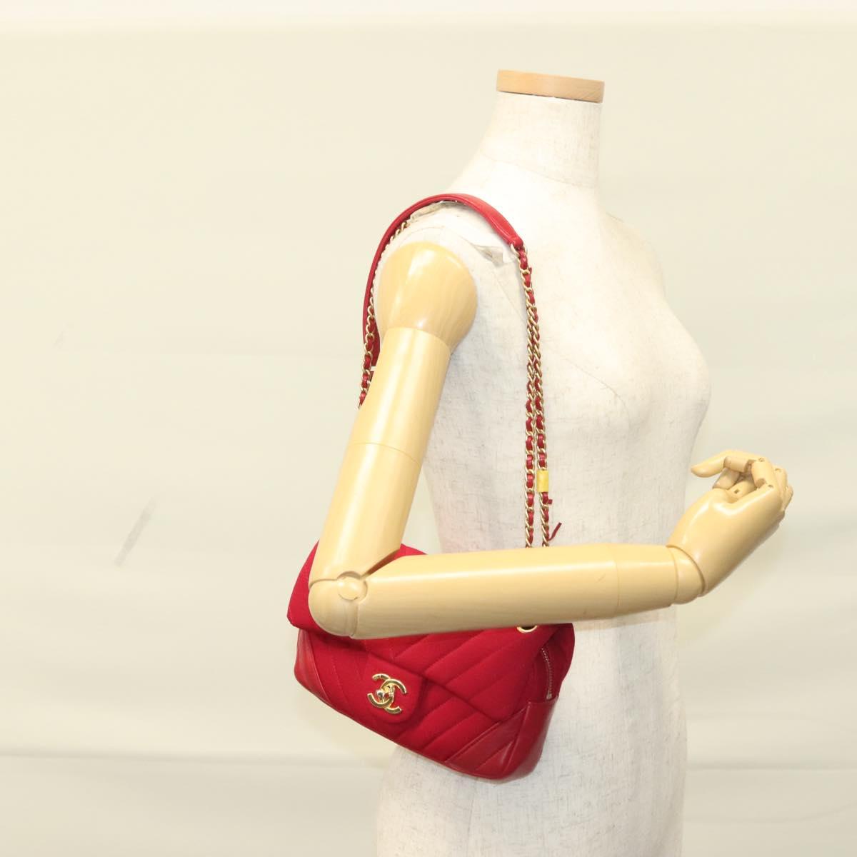 CHANEL Chain V Stitch Shoulder Bag Cotton Red Gold CC Auth 132418M