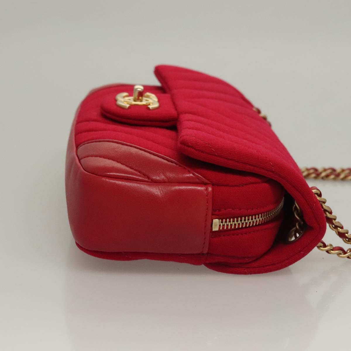 CHANEL Chain V Stitch Shoulder Bag Cotton Red Gold CC Auth 132418M