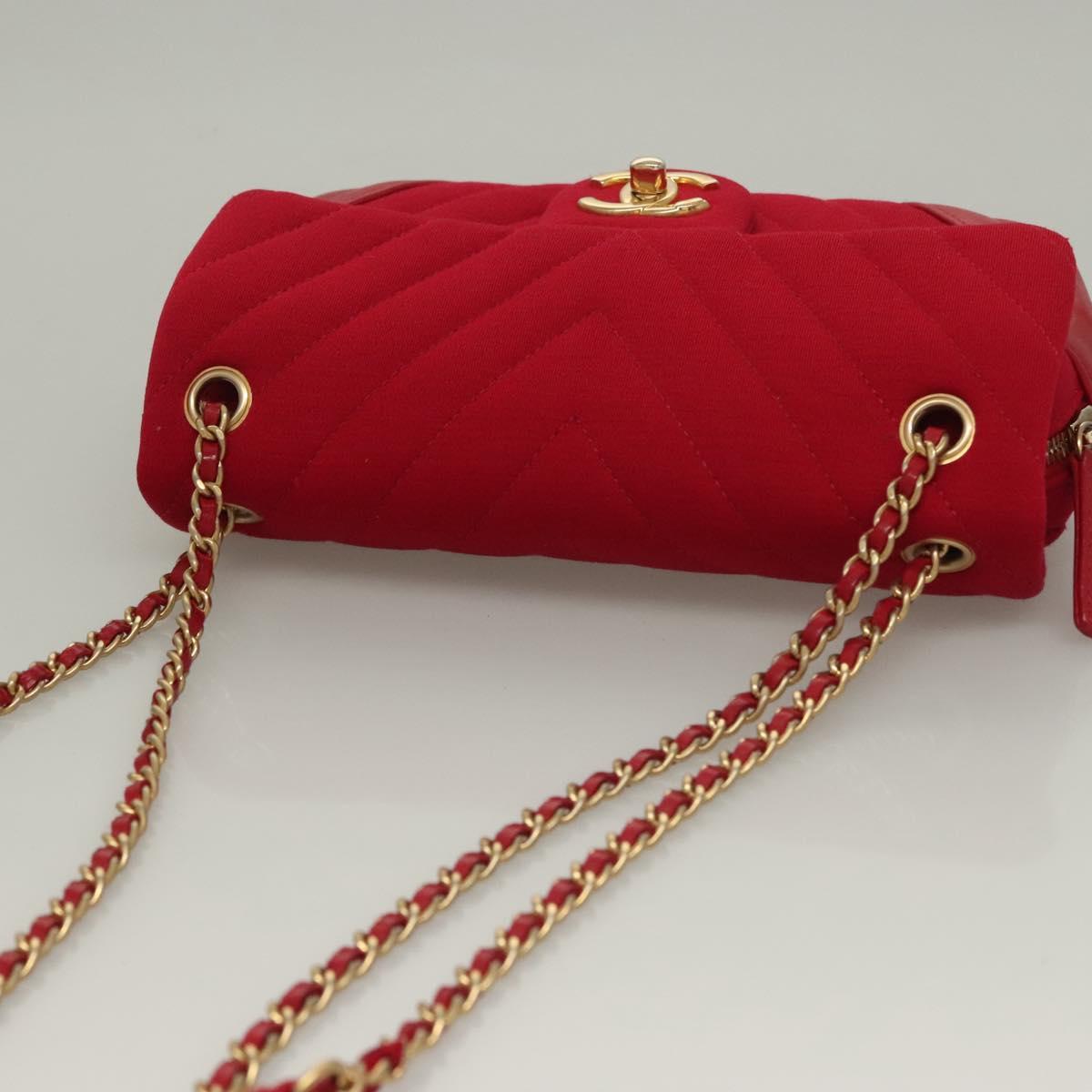 CHANEL Chain V Stitch Shoulder Bag Cotton Red Gold CC Auth 132418M
