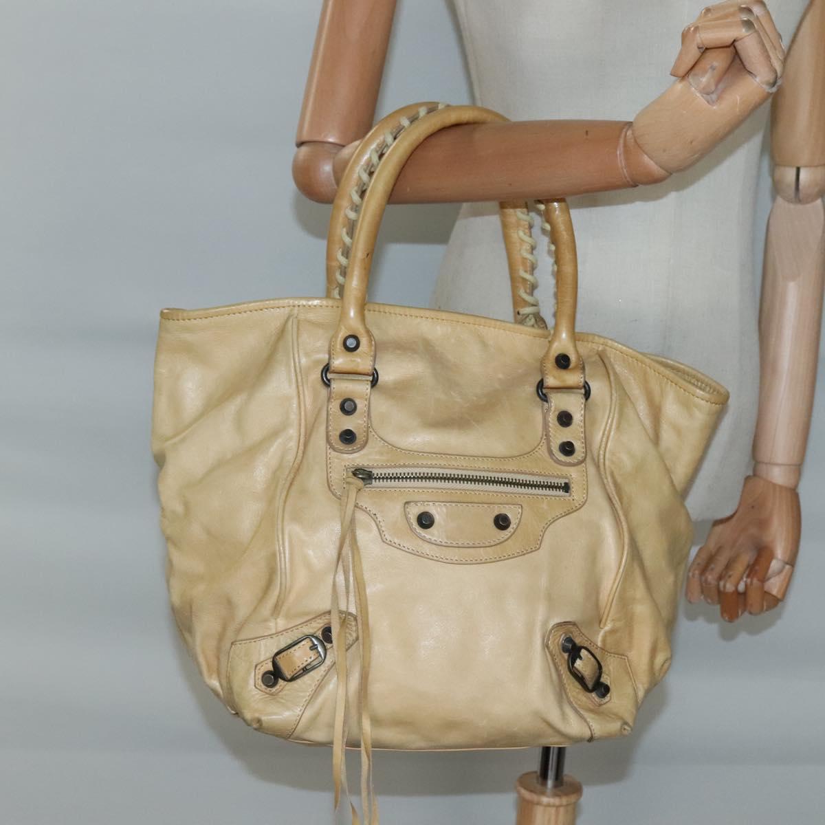 BALENCIAGA The Sunday Hand Bag Leather Beige Auth 132424