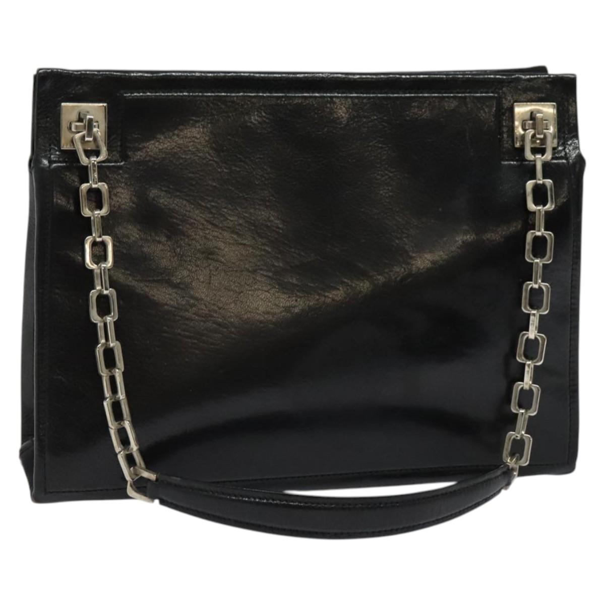 BALLY Chain Tote Bag Leather Black Silver Auth 132476