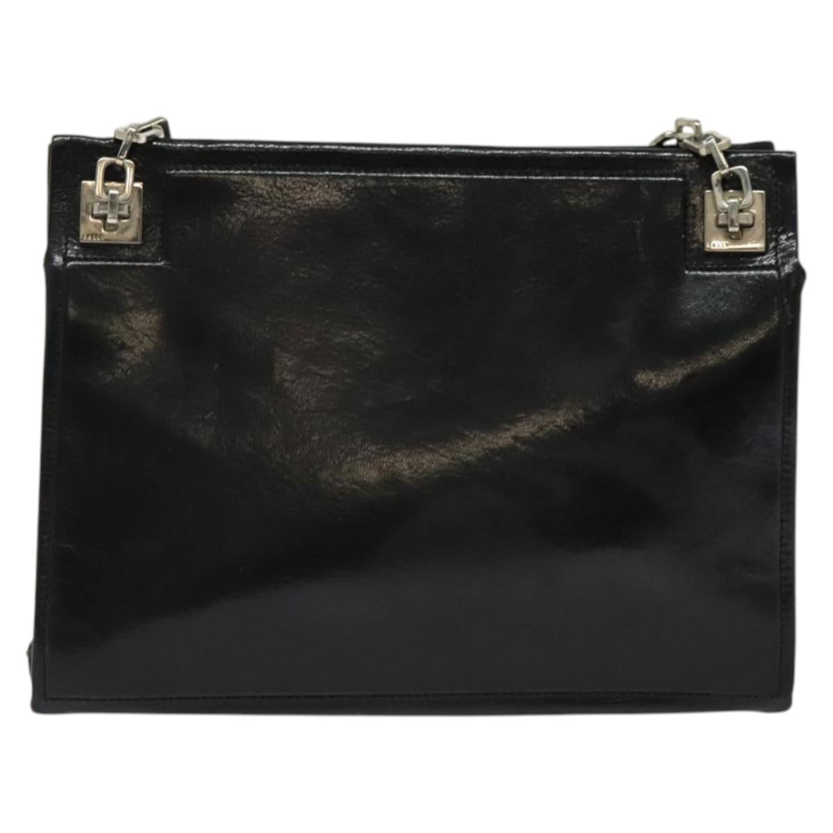 BALLY Chain Tote Bag Leather Black Silver Auth 132476