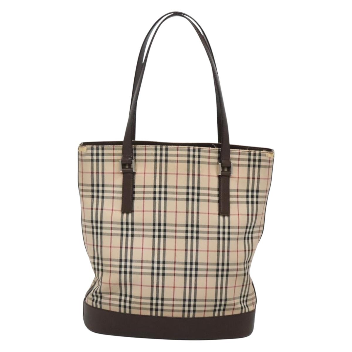 BURBERRY Nova Check Tote Bag Canvas Beige Silver Auth 132506