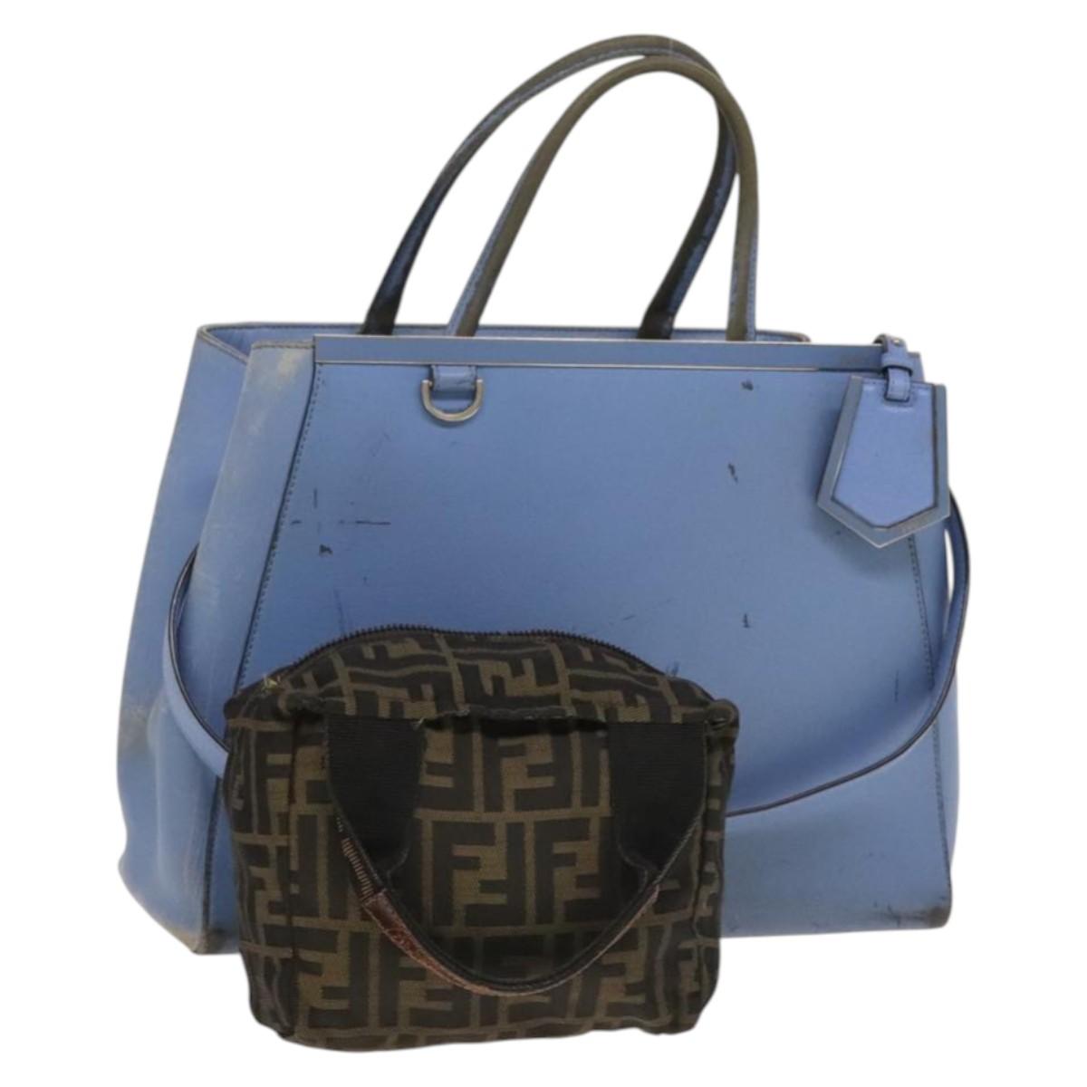 FENDI Zucca Canvas Hand Bag Leather 2Set Light Blue Black Brown Auth 132508