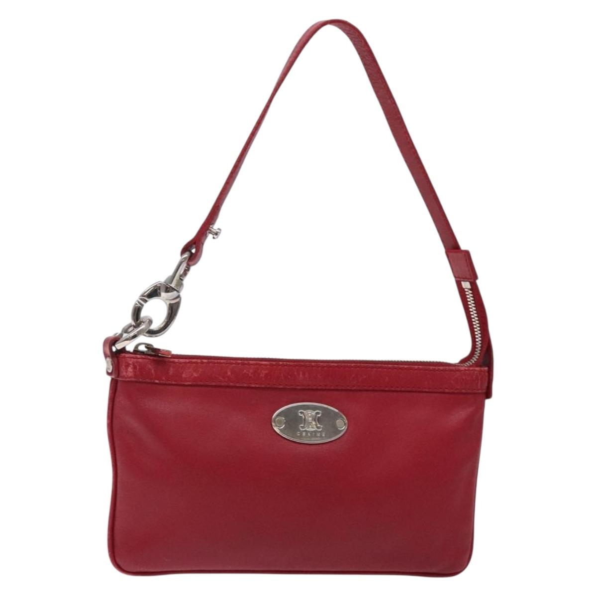 CELINE Accessory Pouch Leather Red Silver Auth 132517