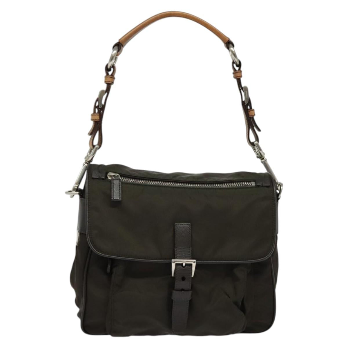 PRADA Shoulder Bag Nylon Khaki Silver Auth 132522