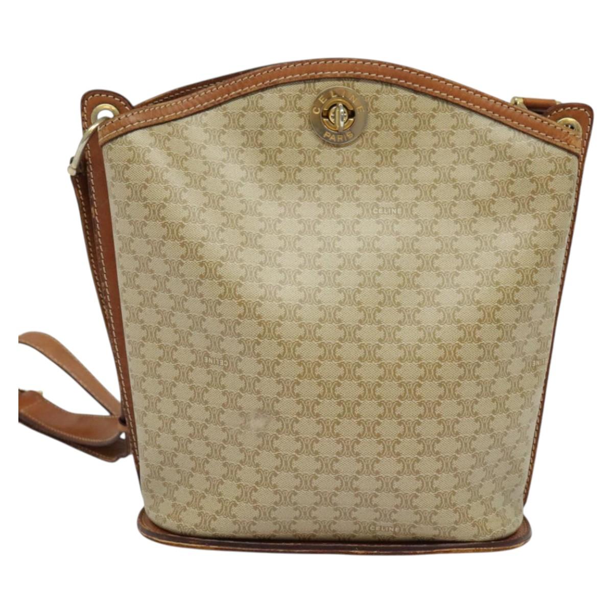 CELINE Macadam Canvas Shoulder Bag PVC Beige Gold Auth 132542