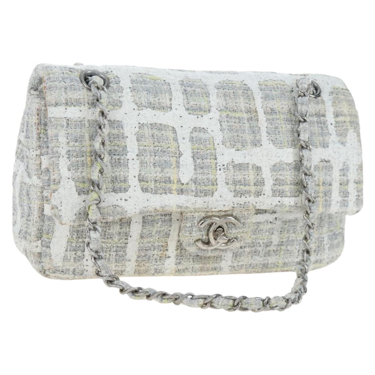 CHANEL Chain Shoulder Bag Tweed White Silver CC Auth 132564A