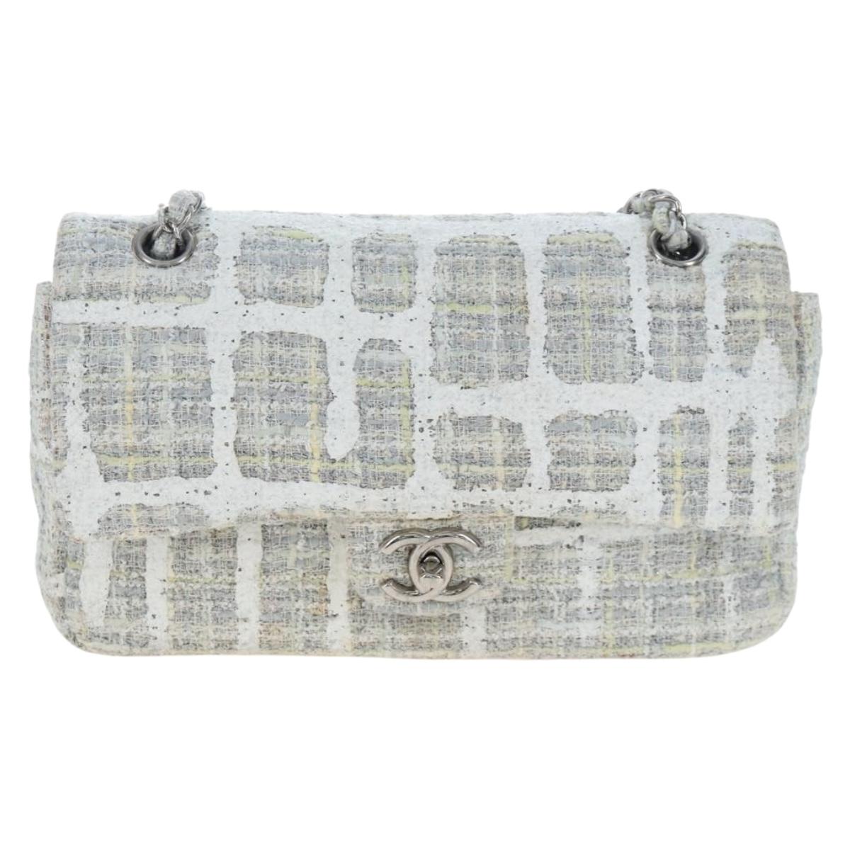 CHANEL Chain Shoulder Bag Tweed White Silver CC Auth 132564A