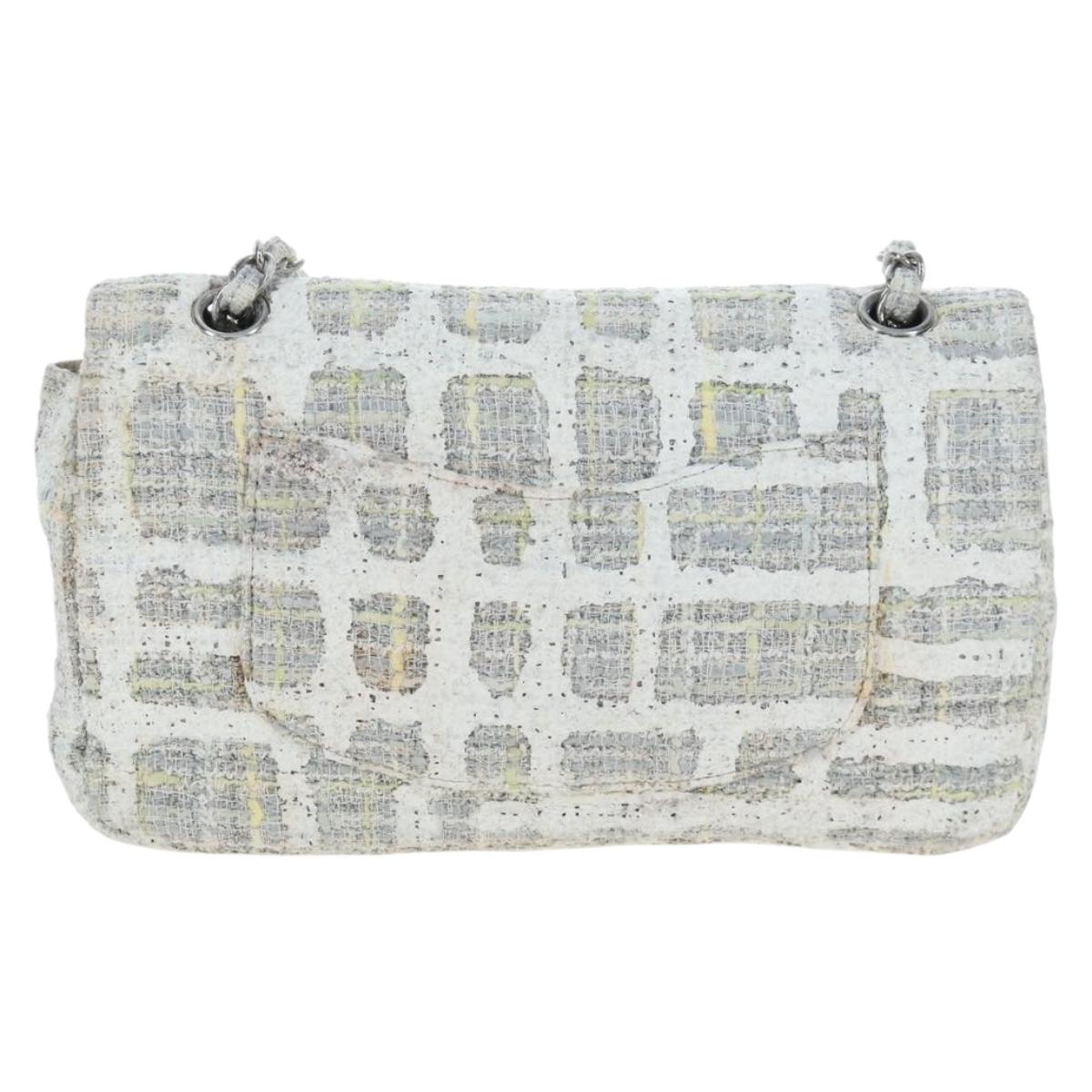 CHANEL Chain Shoulder Bag Tweed White Silver CC Auth 132564A