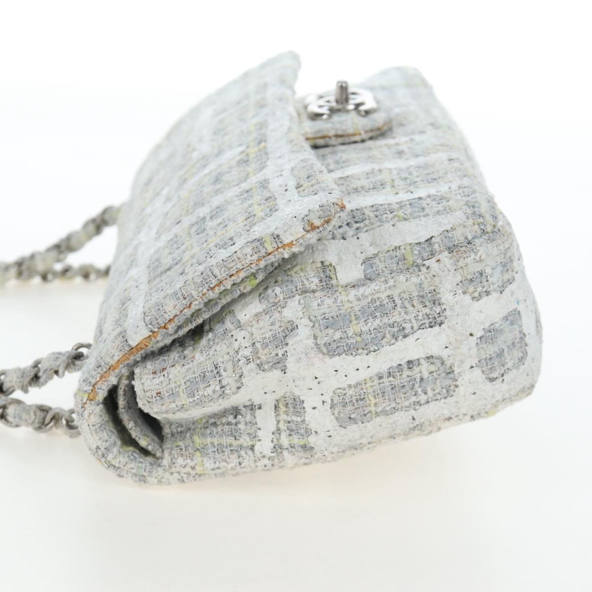 CHANEL Chain Shoulder Bag Tweed White Silver CC Auth 132564A