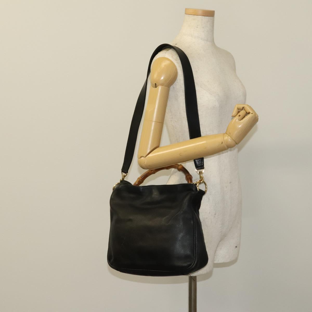 GUCCI Bamboo Shoulder Bag Leather Black Gold 001 3444 1638 Auth 132566