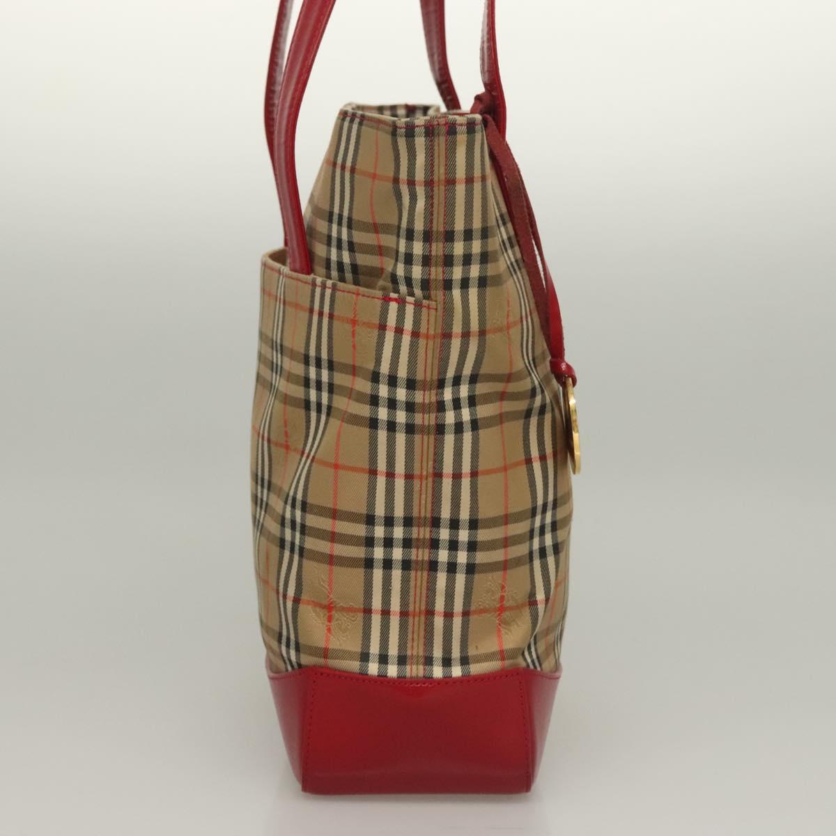 BURBERRY Nova Check Tote Bag Canvas Leather Beige Red gold Auth 132630