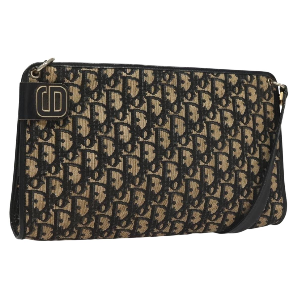 Christian Dior Trotter Canvas Shoulder Bag Navy Gold Auth 132631