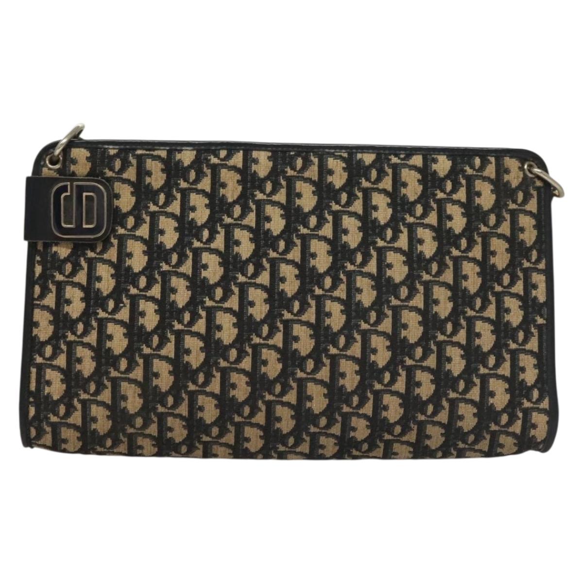 Christian Dior Trotter Canvas Shoulder Bag Navy Gold Auth 132631