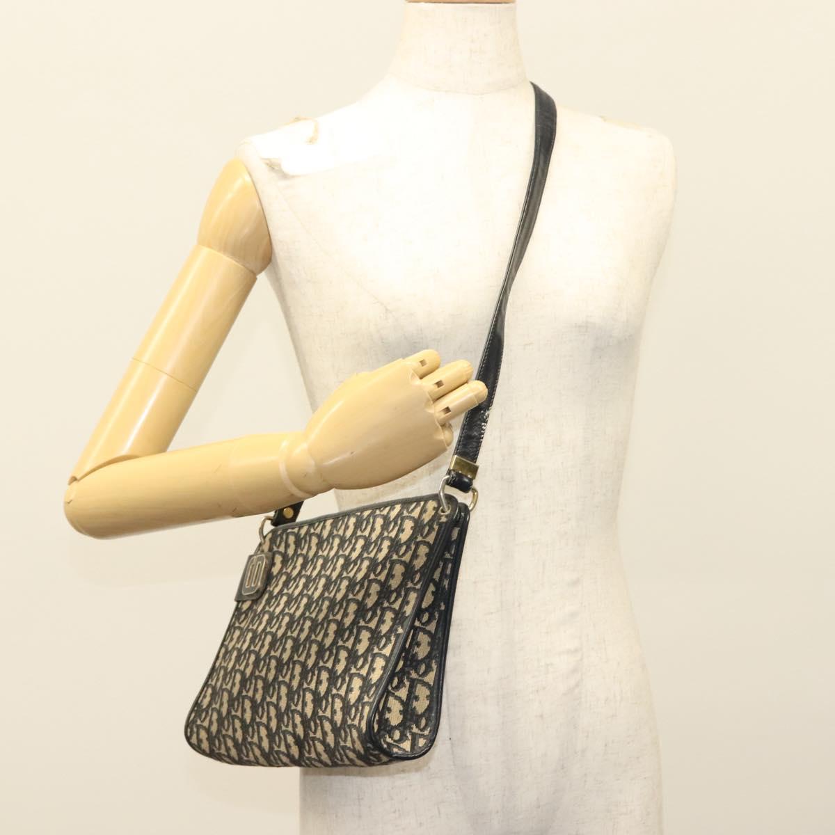 Christian Dior Trotter Canvas Shoulder Bag Navy Gold Auth 132631