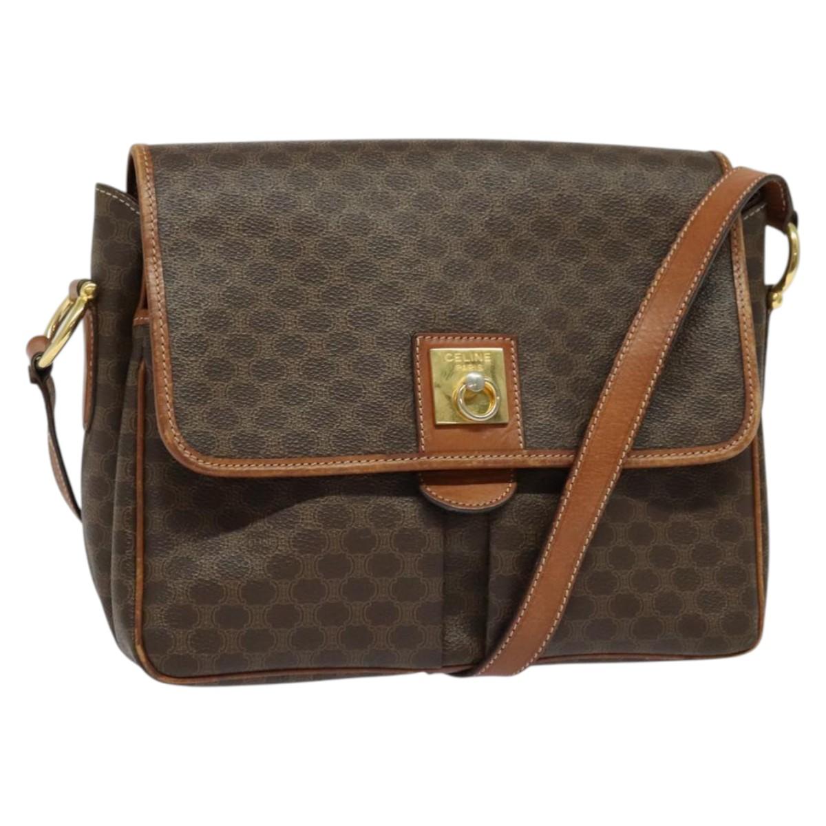 CELINE Macadam Canvas Shoulder Bag PVC Leather Brown Gold Auth 132689