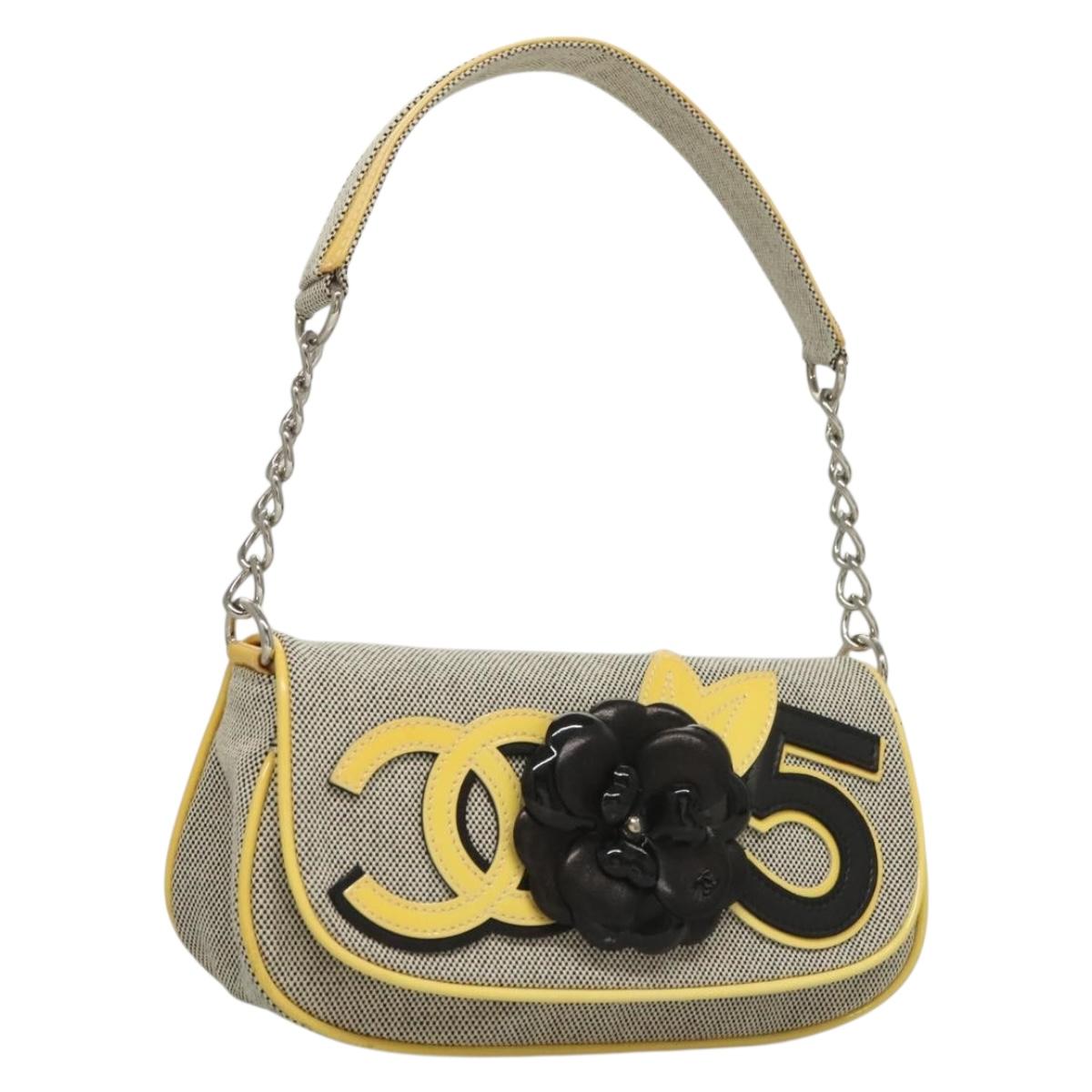 CHANEL Chain Camelia Shoulder Bag No.5 Canvas Gray Silver CC Auth 132699V