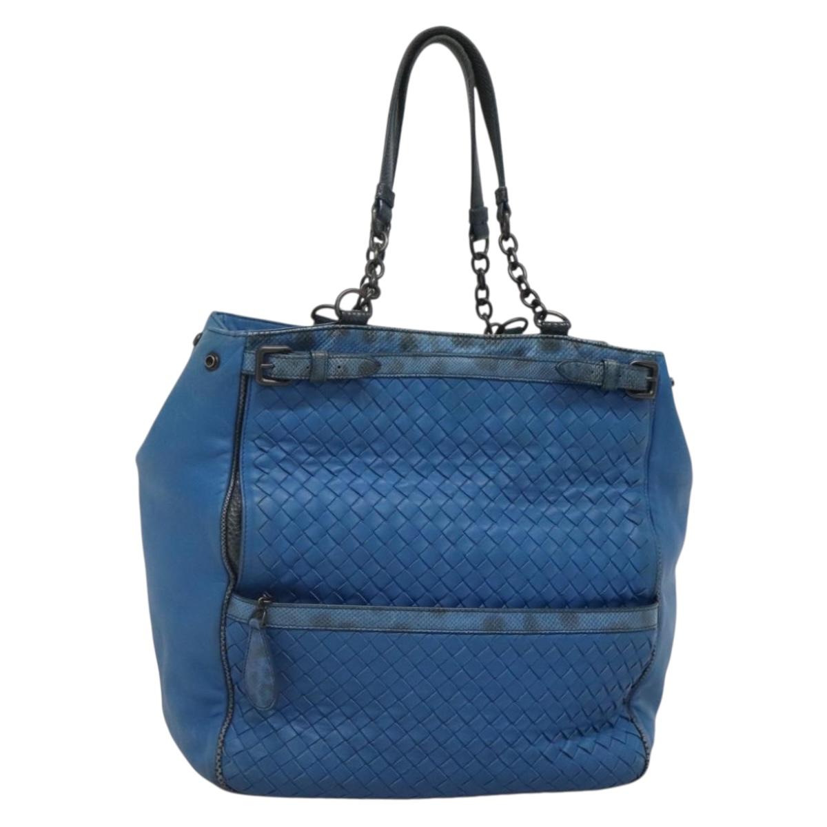 BOTTEGA VENETA INTRECCIATO Tote Bag Leather embossed Blue Auth 132702A