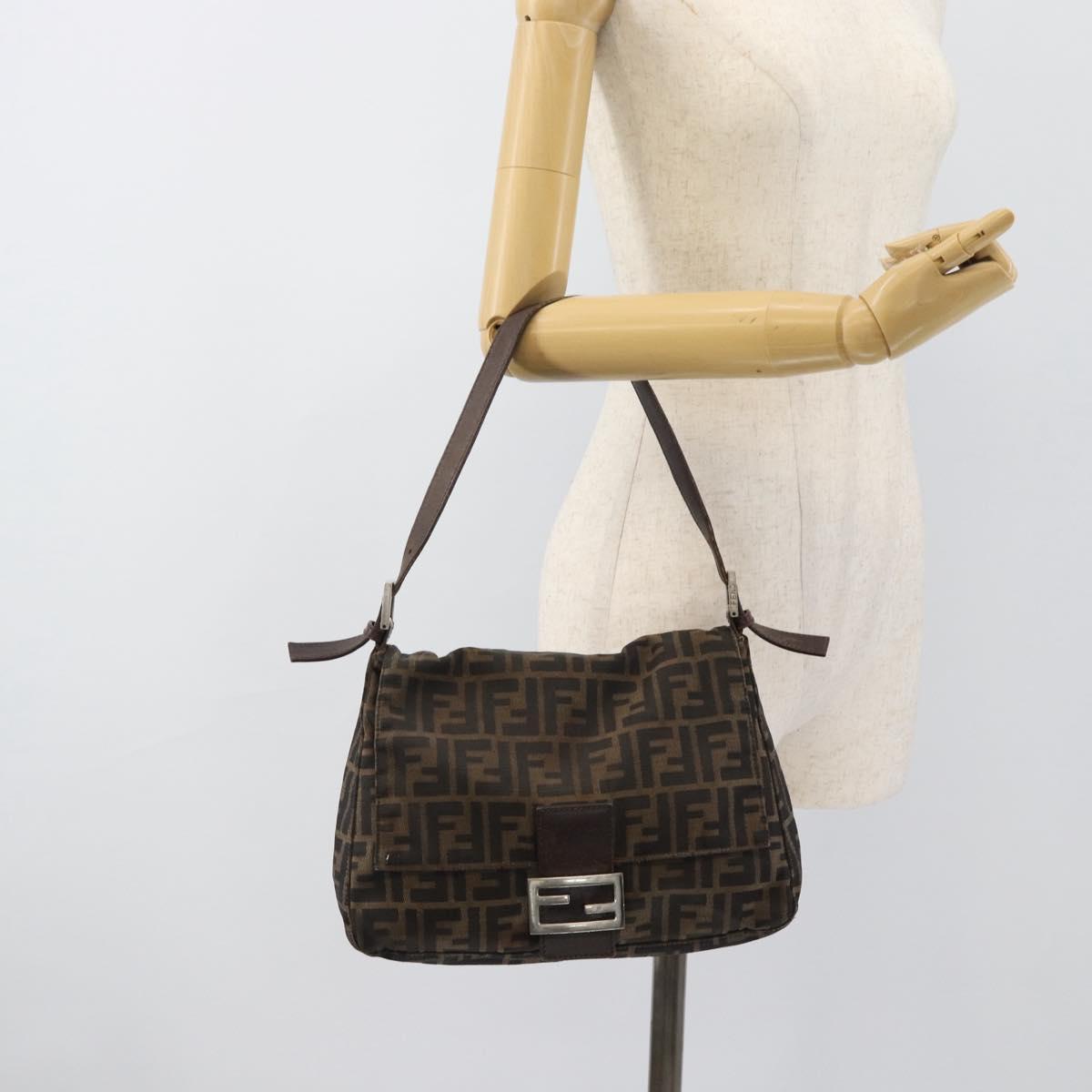 FENDI Zucca Canvas Mamma Baguette Shoulder Bag Black Brown Silver Auth 132708