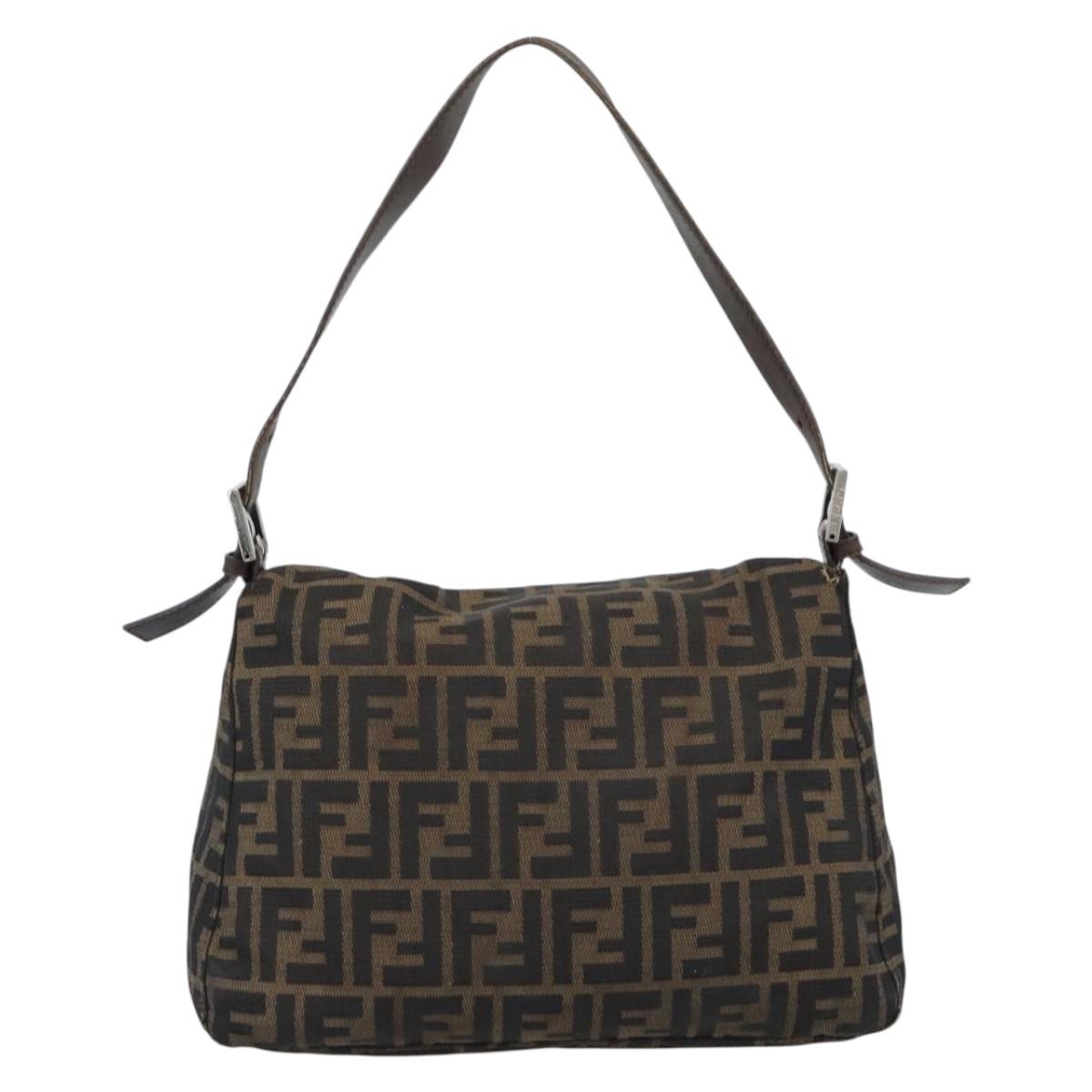 FENDI Zucca Canvas Mamma Baguette Shoulder Bag Black Brown Silver Auth 132708
